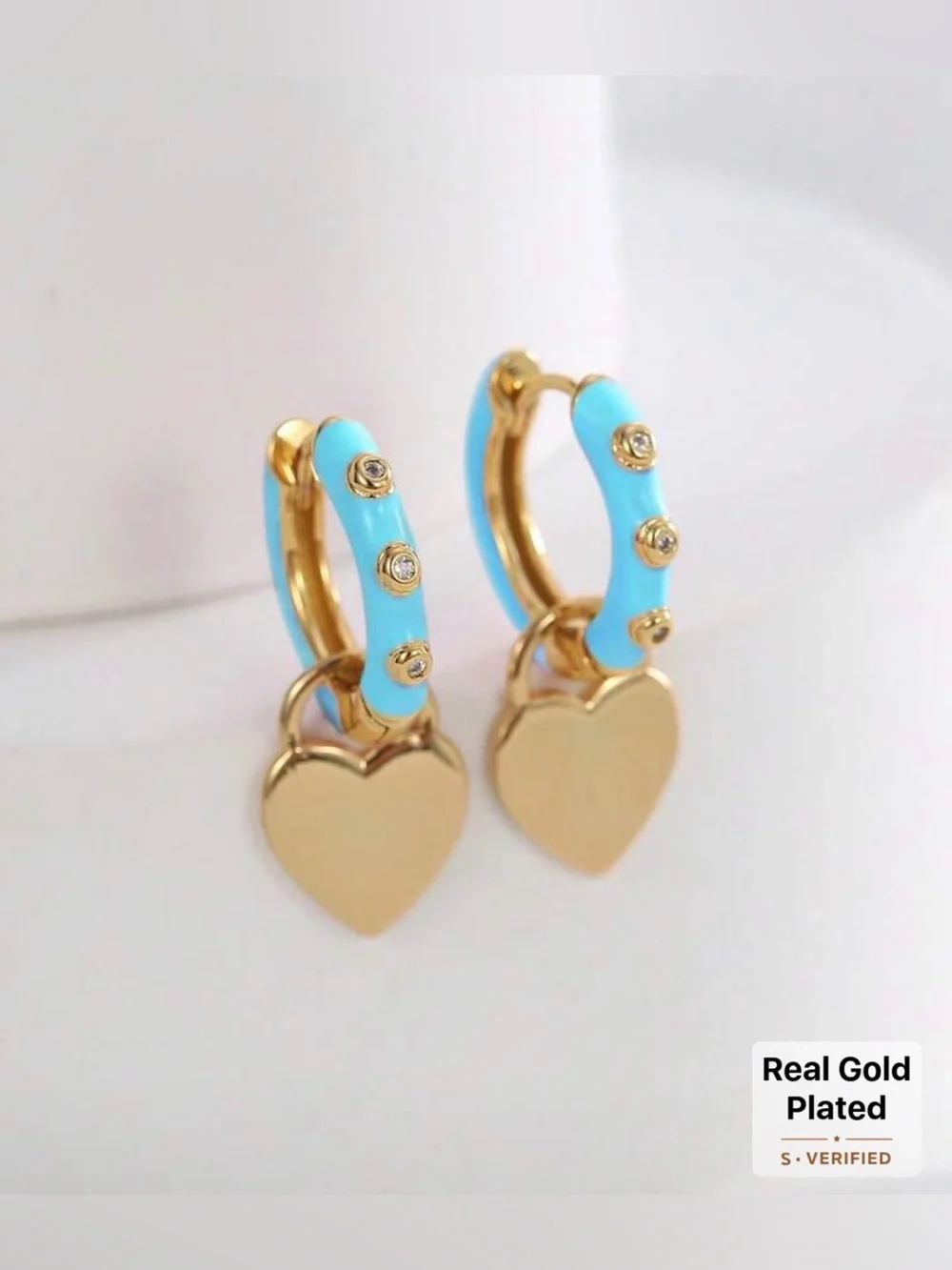 Western Gold Plated Heart Drop Hoop Earrings with Turquoise Enamel and Crystals